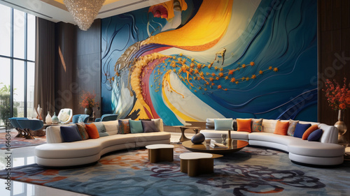 Wide angle shot of a modern arabian luxury condo living room with vibrant modern furniture and amazing wall art of a beautiful peacock photo