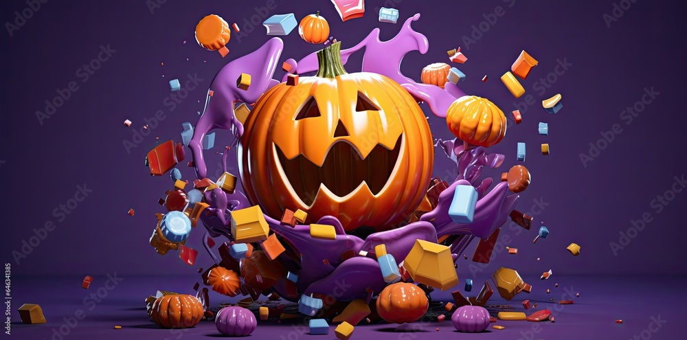 Fototapeta premium Halloween pumpkin on purple background. Seasonal party. Generative AI