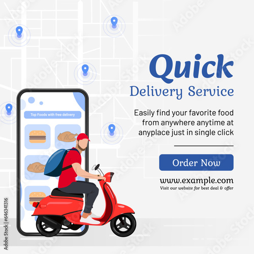 Online food order social media post design. Delivery man with scooter delivering product to customers location. Suitable graphics for e-commerce, transportation, fast delivery service.