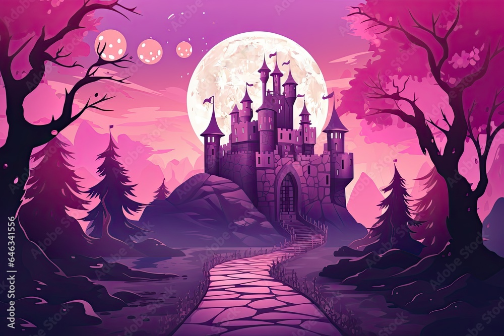 Halloween in the forest at sunset. Creepy landscape and a big castle on the background. Generative AI