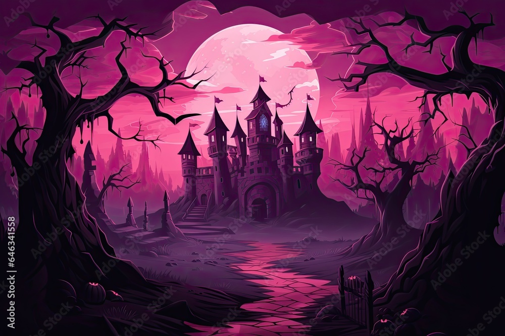 Halloween in the forest at sunset. Creepy landscape and a big castle on the background. Generative AI