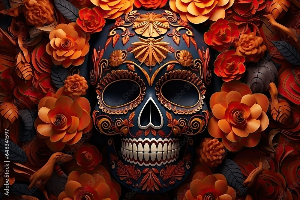 Mexican day of the dead background with many orange flowers. Generative AI
