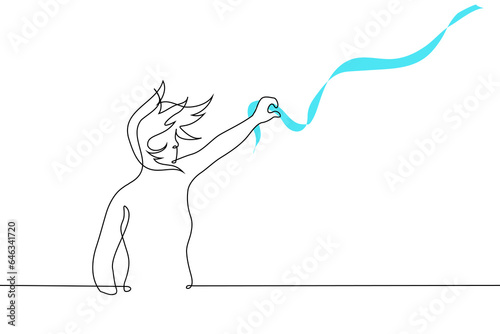 woman stands and catches with her hand a flying (floating in the air) blue ribbon - one line art vector. concept gust of wind, airiness, chasing a dream, making a dream come true metaphor