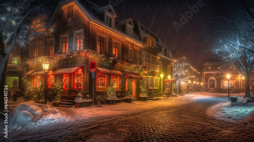  Snow envelops an atmospheric Christmas town under the soft glow of street lamps. Generative AI © Dougie C