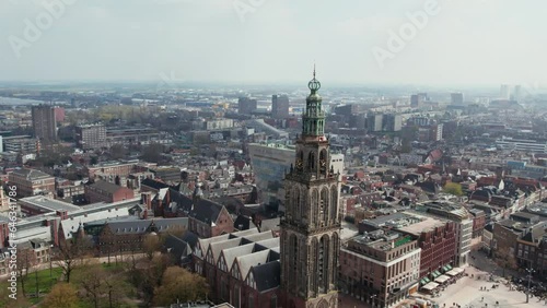 Martin's Tower Tallest Church Steeple In The City Of Groningen, Netherlands.Aerial Drone Shot