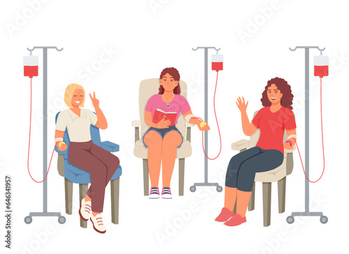 Young females sitting in ward, reading book and donating blood. Social active youth. Lifesaving impact of blood. Volunteering organization members. Vector flat illustration in red and blue colors
