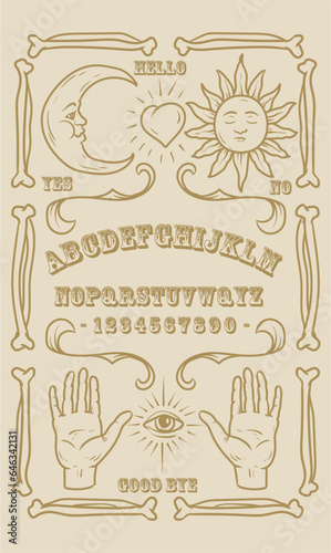 Ouija Board Illustration. Brown symbols of moon, sun, texts and alphabet. Gothic typography. Ghosts and demons calling game.