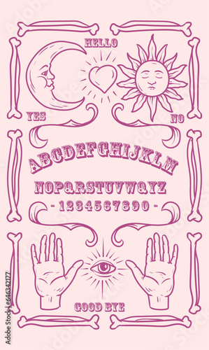 Ouija Board Illustration. Purple symbols of moon, sun, texts and alphabet. Gothic typography. Ghosts and demons calling game.