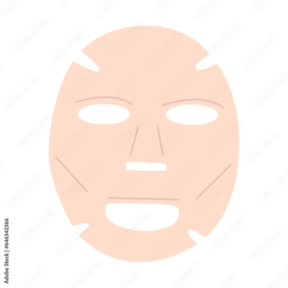 Flat vector cartoon illustration of a face sheet mask with serum. A daily skin care product. Isolated design on a white background. Flat vector cartoon illustration of a face sheet mask with serum. A daily skin care product. Isolated design on a white background.
