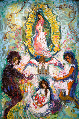 Mexican painting in the Annunciation Roman catholic basilica, Nazareth, Galilee, Israel. Detail. Virgin of Guadalupe. .