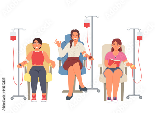 Happy females donating blood in hospital, helping people. Social active youth. Lifesaving impact of blood. Volunteering organization members. Vector flat illustration in red and blue colors
