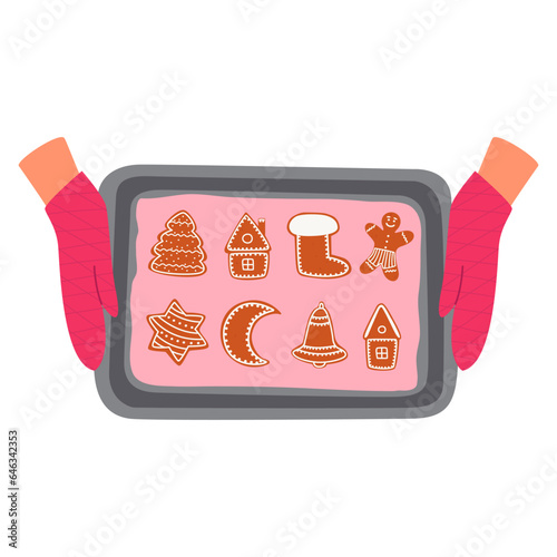 Vector illustration of hands holding a baking tray with Christmas ginger cookies. Delicious homemade cakes isolated on a white background.