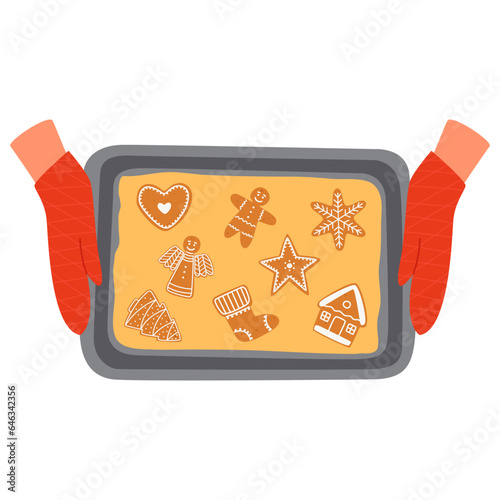 Vector illustration of hands holding a baking tray with Christmas ginger cookies. Delicious homemade cakes isolated on a white background.