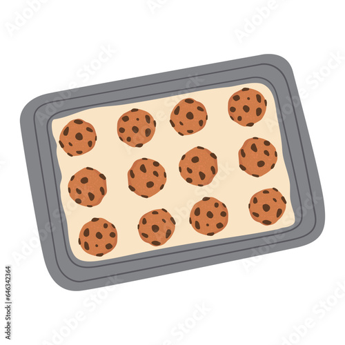 Vector illustration of a baking tray with chocolate chip cookies. Delicious homemade cakes isolated on a white background.