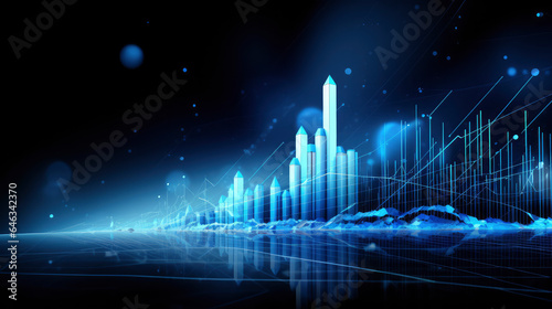 A business candlestick banner graph chart of stock market investment trading on blue digital background, bullish point ,upward trend, financial analytics concept of monochrome graph diagram like sky
