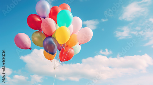 A large bunch of yellow Helium ballons straining on their strings against a sunny sky with white clouds.