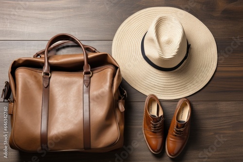 Tourism or travel concept. Leather bag, boots, hat. Generative AI