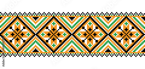 Ukrainian embroidery pattern for textile, fabric, cloth. Vector seamless pattern, print. Ukrainian folk embroidery, ethnic ornament. Pixel art, vyshyvanka, cross stitch