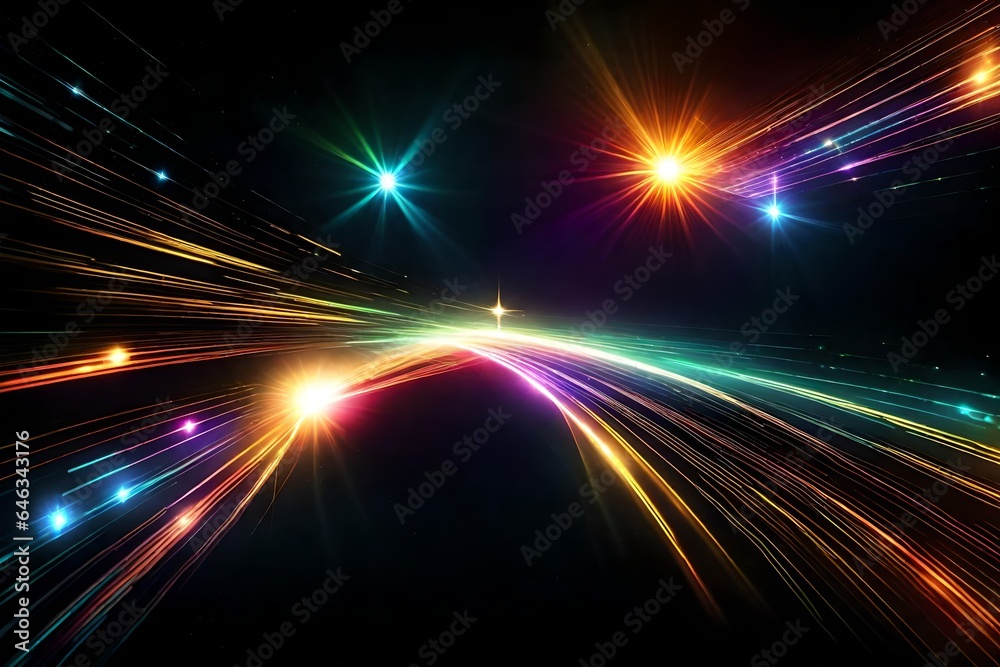 Cosmological radiation, glare from the sun, and abstract colorful lens flare effect clip art isolated on black backdrop.