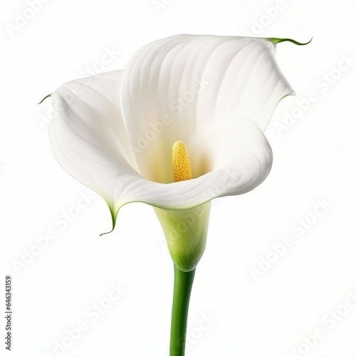 A white flower with a green stem on a white background