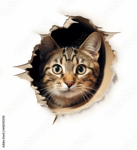 A curious cat peeking through a hole in a wall