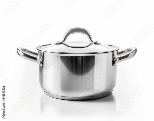 A shiny stainless steel pot on a clean white background
