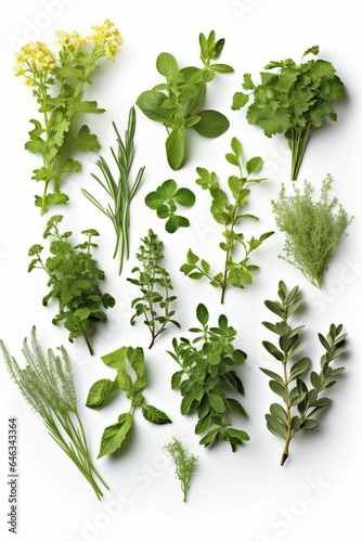A variety of fresh herbs on a clean white background
