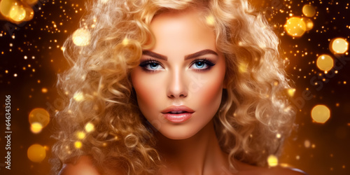 beauty blond young woman with curly hair on golden glitter background. hairstyle concept. free space