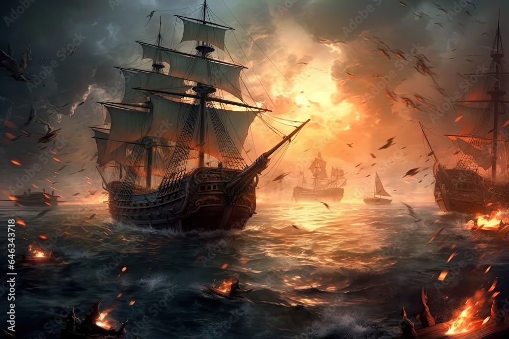 Obraz premium Sailing ships fight each other with cannons blazing. Great for stories on history, maritime warfare, pirates, adventure, the age of sail and more.