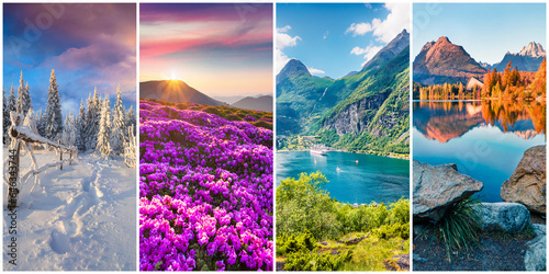 Collage of four seasons landscapes. Set of vertical pictures of nature background arranged in panoramic view. Wonderful outdoor scene of majestic mountains  green meadows and blooming flowers.