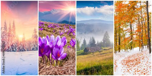 Collage of four seasons landscapes. Set of vertical pictures of nature background arranged in panoramic view. Wonderful outdoor scene of majestic mountains, green meadows and blooming flowers.