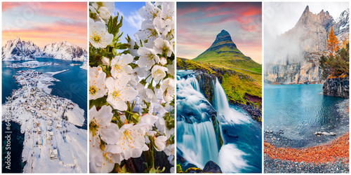 Collage of four seasons landscapes. Set of vertical pictures of nature background arranged in panoramic view. Wonderful outdoor scene of majestic mountains, green meadows and blooming flowers.