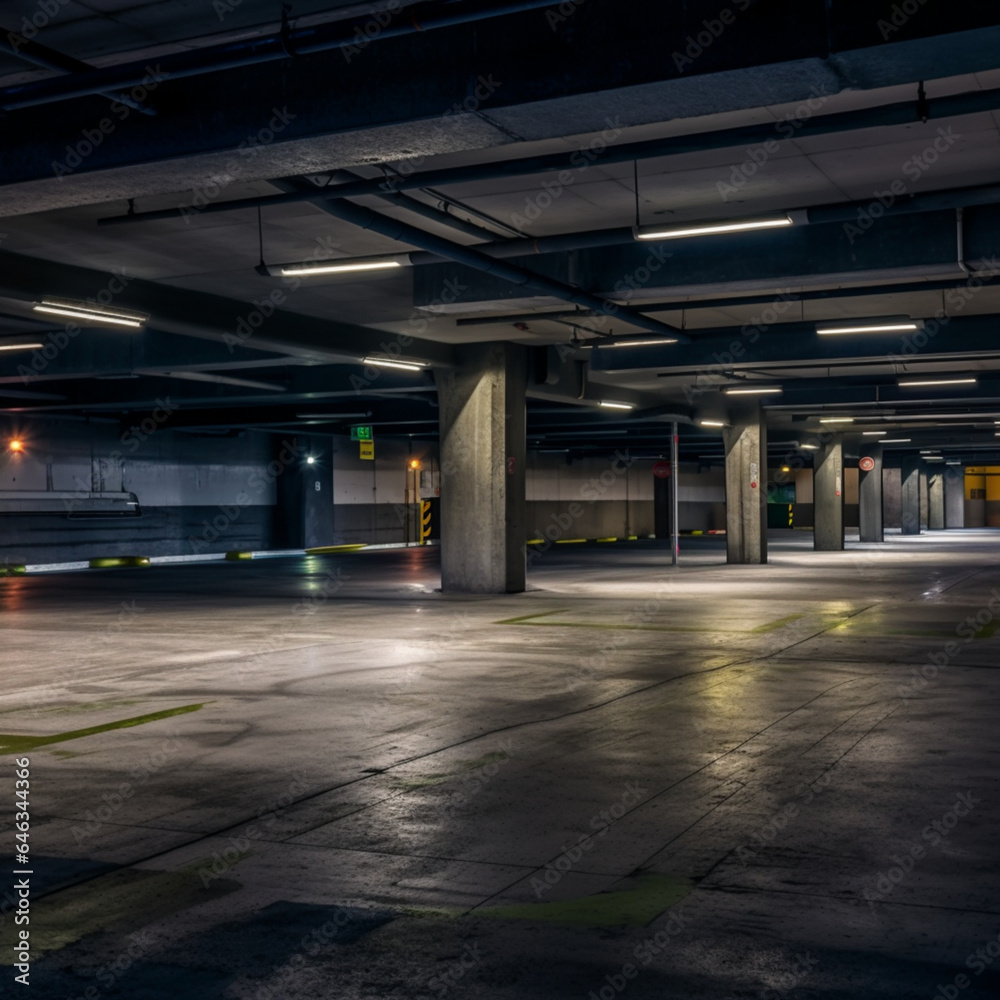 inside a parking garage, concrete floors, no cars, ultra realistic, photo taken midday