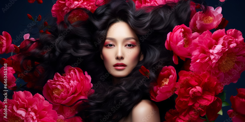 brunette with gorgeous voluminous long dense hair surrounded pionies. hair dye, hairstyle, haircare brunette with gorgeous voluminous long dense hair surrounded pionies. hair dye, hairstyle, haircare