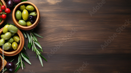 green olives on wooden background. Generative Ai