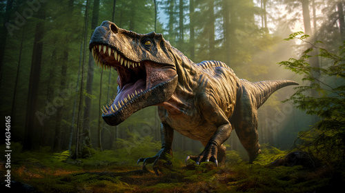 ferocious tyrannosaurus rex in the forest in search of prey. Generative Ai © PETR BABKIN