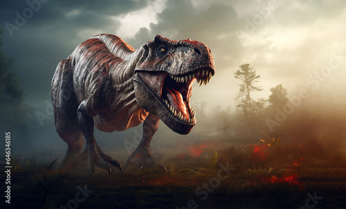 Angry tyrannosaurus rex in a burning forest. Generative Ai © PETR BABKIN