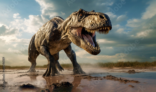 a huge tyrannosaurus rex looking for prey on a sunny day. Generative Ai © PETR BABKIN