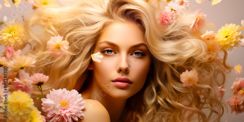 Beauty blonde woman long wavy hair, healthy skin, natural makeup, blue eyes on flowers background © zamuruev