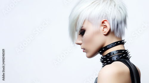 young punk girl in gothic black clothes on a white background. Generative Ai