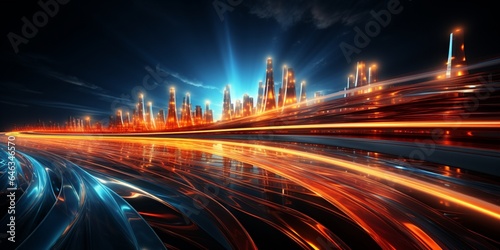 abstract background, banner with light effects of traces from high-speed traffic on the highway, neon bright lights and glare on a dark background 