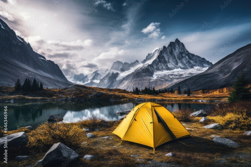 camping adventure tent in forest by lake mountain view