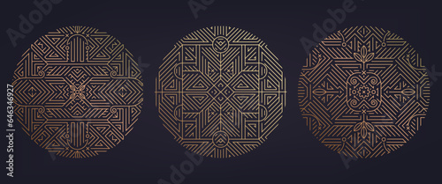 Vector set of art deco linear circles, round borders, frames, decorative design templates. Classic retro style of 1920s logos. Use for packaging, advertising, banner.