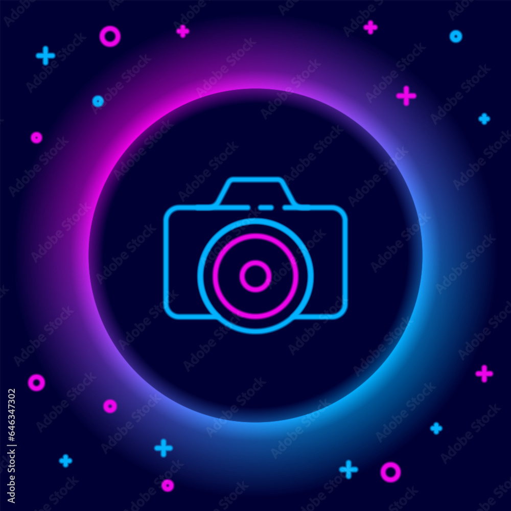 Glowing neon line Photo camera icon isolated on black background. Foto camera icon. Colorful outline concept. Vector Glowing neon line Photo camera icon isolated on black background. Foto camera icon. Colorful outline concept. Vector