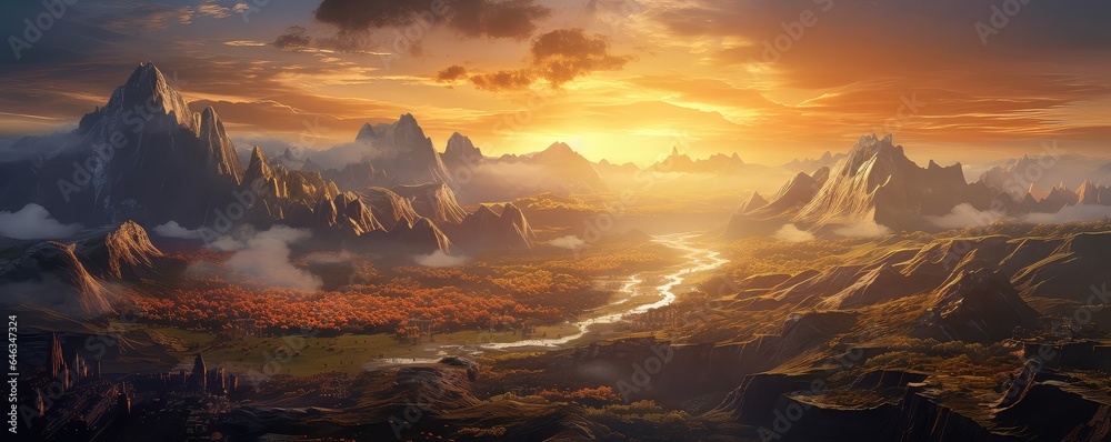 Sunrise over a mountain photo realistic illustration - Generative AI.