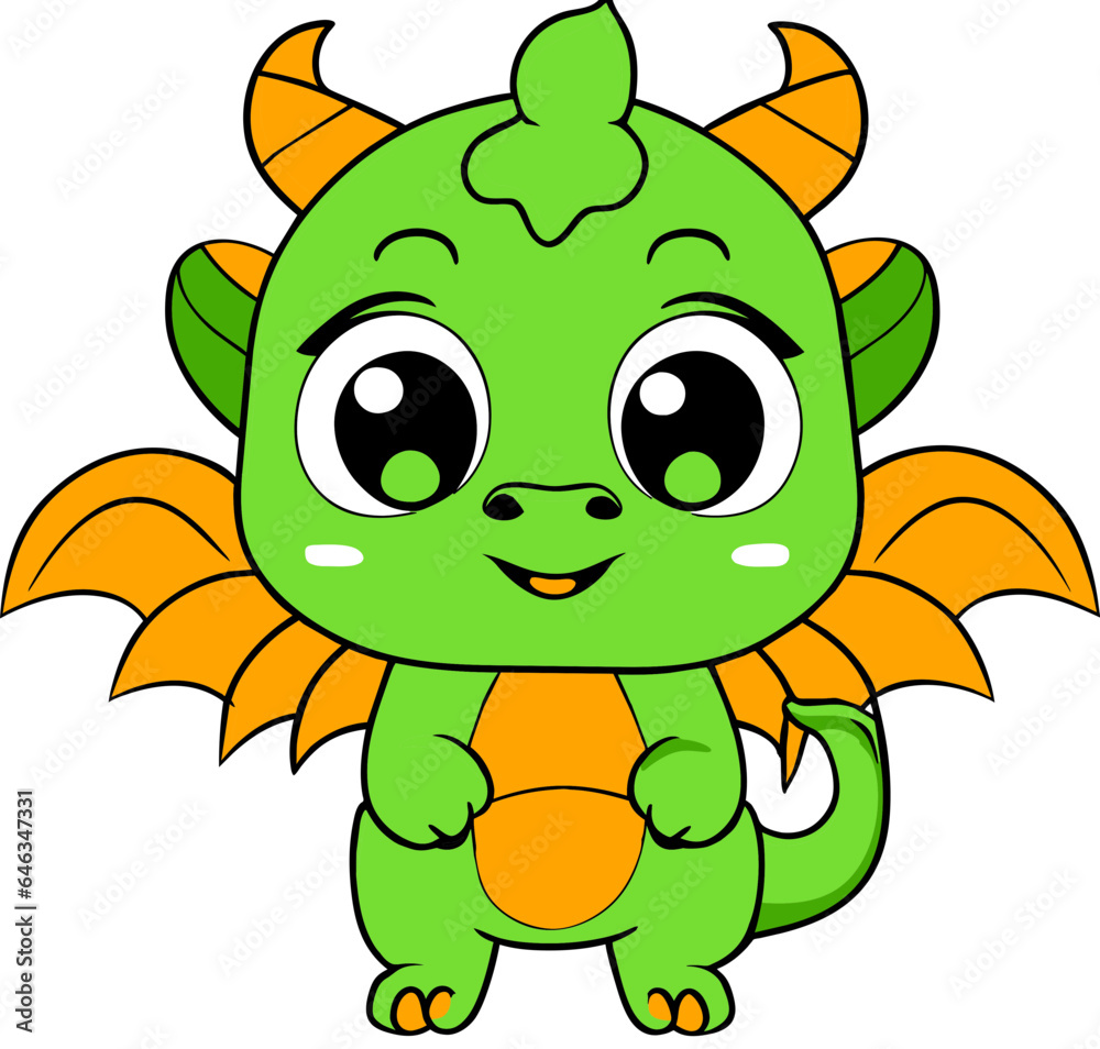 Cute green and orange baby dragon in Kawaii style 04 Cute green and orange baby dragon in Kawaii style 04