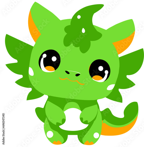 Cute green and orange baby dragon in Kawaii style 02