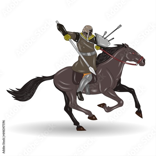Knight on horseback with sword in his hand. Vector illustration. © shamim