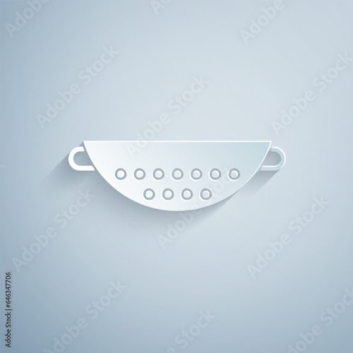 Paper cut Kitchen colander icon isolated on grey background. Cooking utensil. Cutlery sign. Paper art style. Vector Illustration