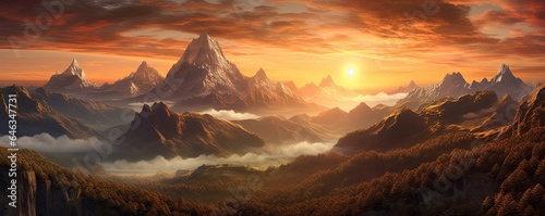 Sunrise over a mountain photo realistic illustration - Generative AI. © Mariia